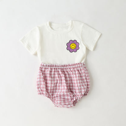 Summer Baby Kids Cartoon Flowers Pattern T-shirt and Plaid Bloomers Clothing Set, MyKids-USA®, Baby & Toddler Outfits, MyKids-USA - Size/Age - 66 (3-6M) - Color - White -  -  - TR2504262027-B