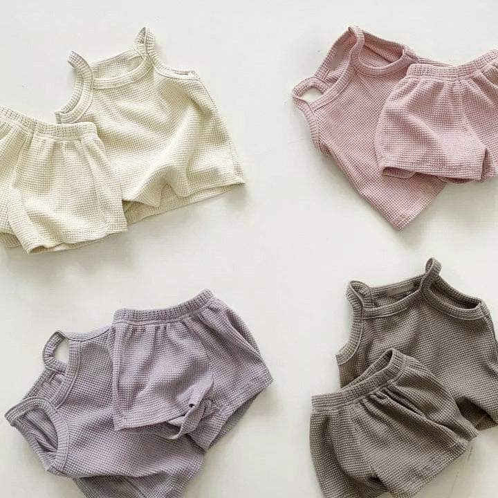 Baby Quality Waffle Knitted Fabric Sling Shirt Combo Shorts Sets