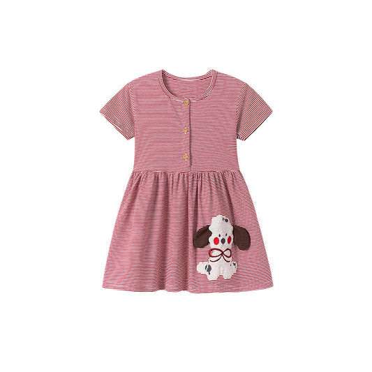 Summer Arrival Puppy and Striped Pattern Short Sleeves Dress for Stylish Girls