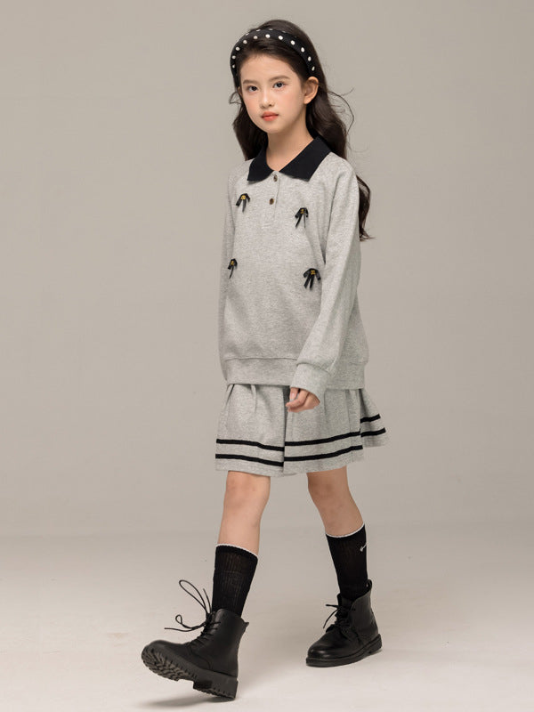 Arrival Autumn Kids Girls Long Sleeves Butterfly-bows Pattern Sweatshirt and Striped Skirt Sets
