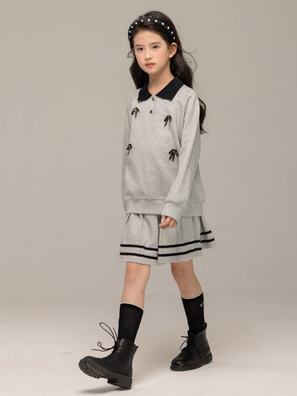 Arrival Autumn Kids Girls Long Sleeves Butterfly-bows Pattern Sweatshirt and Striped Skirt Sets