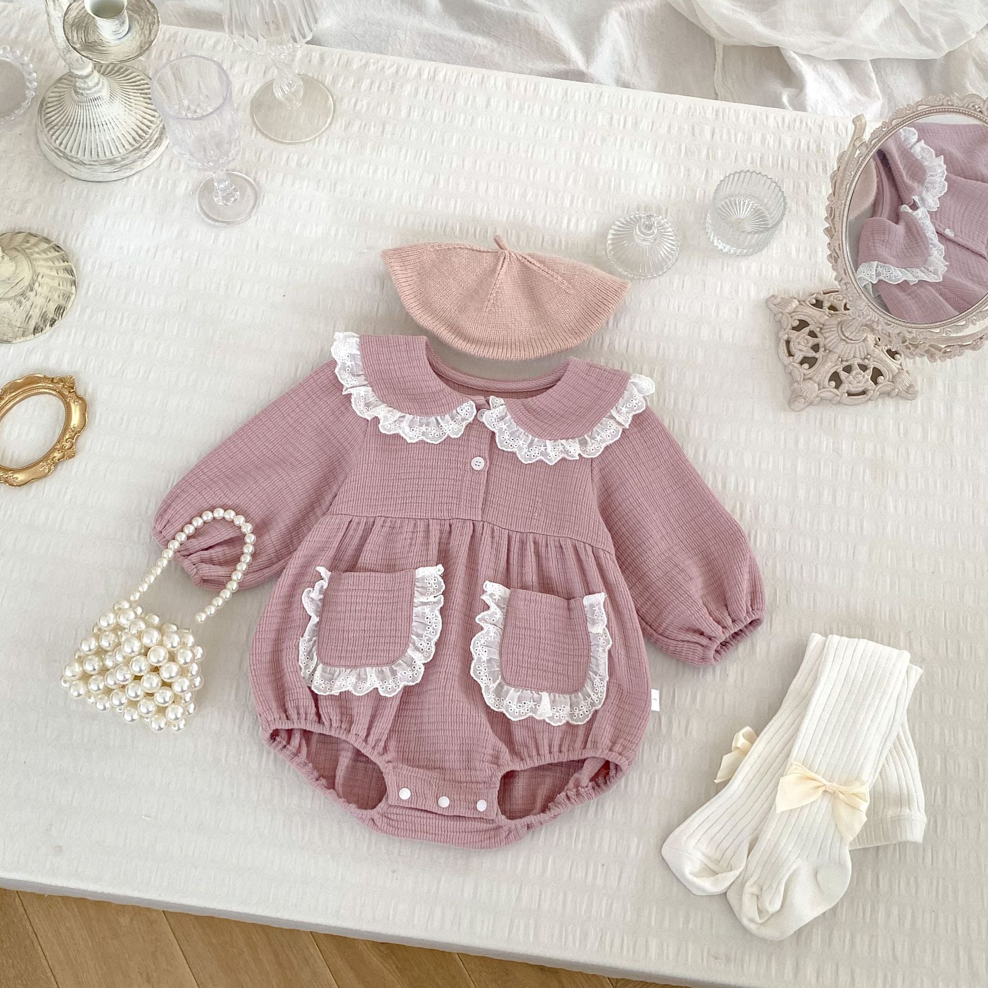 Spring Arrival Baby Girls Long Sleeves Peter Pan Collar Pocketed Bodysuits Onesies, MyKids-USA®, Baby One-Pieces, MyKids-USA - Size/Age - 66 (3-6M) - Color - Pink -  -  - TR2501062255-A