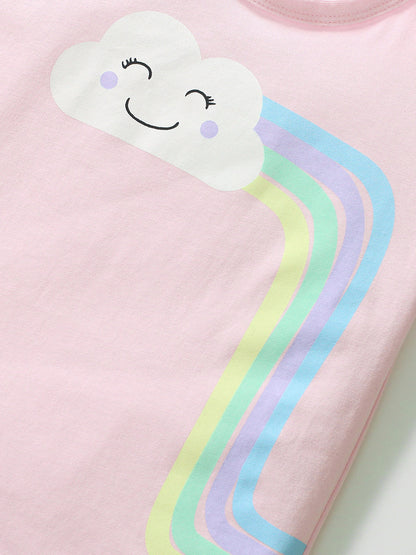 Crew Neck Rainbow Cloud Cartoon Girls’ T-Shirt In European And American Style For Summer