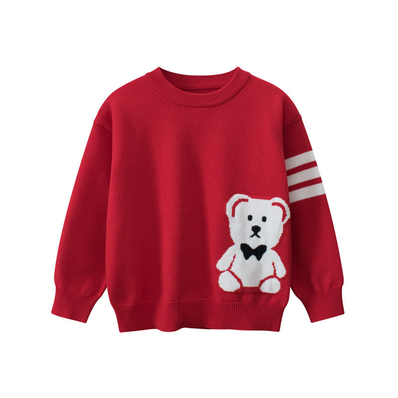 Baby Boys And Girls Kids Cute Teddy Bear Cartoon Long Striped Sleeve Knitwear Pullover, MyKids-USA®, Baby & Toddler Outerwear, MyKids-USA - Size/Age - 90 (12-24M) - Color - Red -  -  - TR2312061328-B