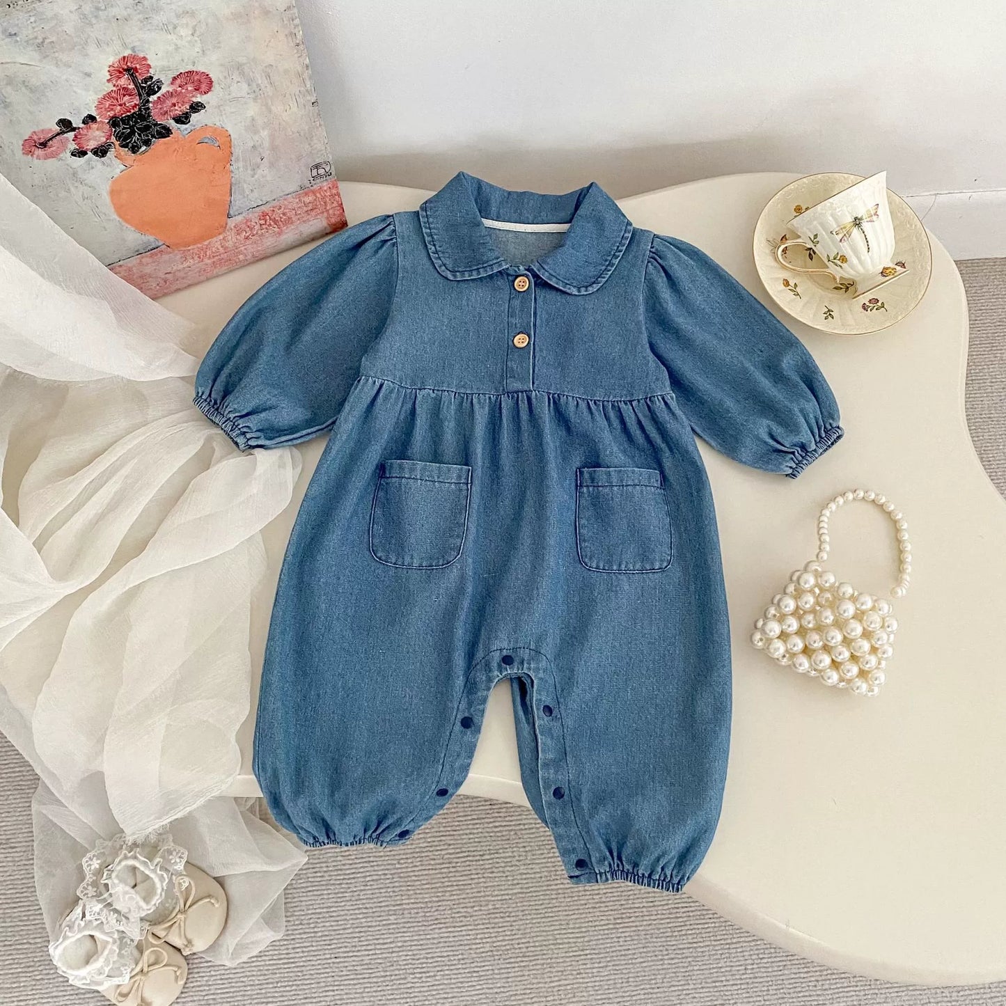 Autumn and Spring Arrival Baby Casual Pocketed Denim Rompers with Turn-down Collar, MyKids-USA®, Baby One-Pieces, MyKids-USA -  -  -  -  -  -  - 