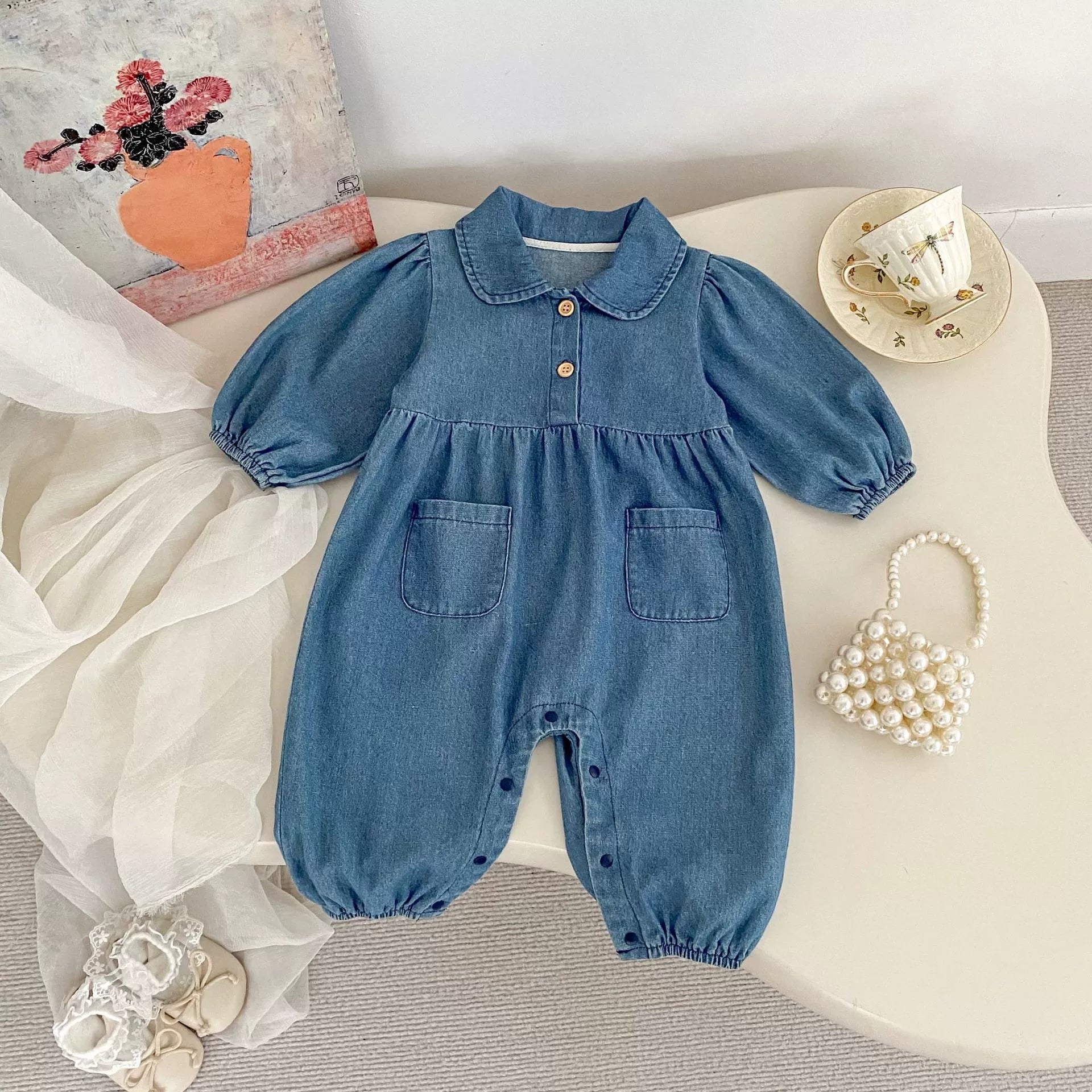 Autumn and Spring Arrival Baby Casual Pocketed Denim Rompers with Turn-down Collar, MyKids-USA®, Baby One-Pieces, MyKids-USA -  -  -  -  -  -  - 