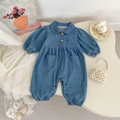 Autumn and Spring Arrival Baby Casual Pocketed Denim Rompers with Turn-down Collar, MyKids-USA®, Baby One-Pieces, MyKids-USA -  -  -  -  -  -  - 