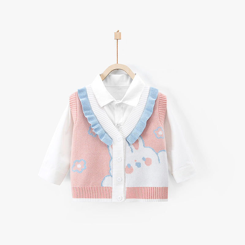 New Arrival Baby Kids Girls Cartoon Rabbit Pattern V-Neck Design Knitwear Pink Soft Vest
