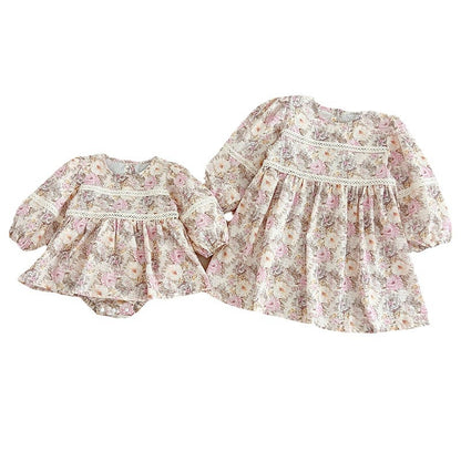 Design Autumn Floral Print Baby Kids Crew Neck Patchwork Onesies And Dress – Princess Sister Matching Set, MyKids-USA®, Baby & Toddler Outfits, MyKids-USA -  -  -  -  -  -  - 