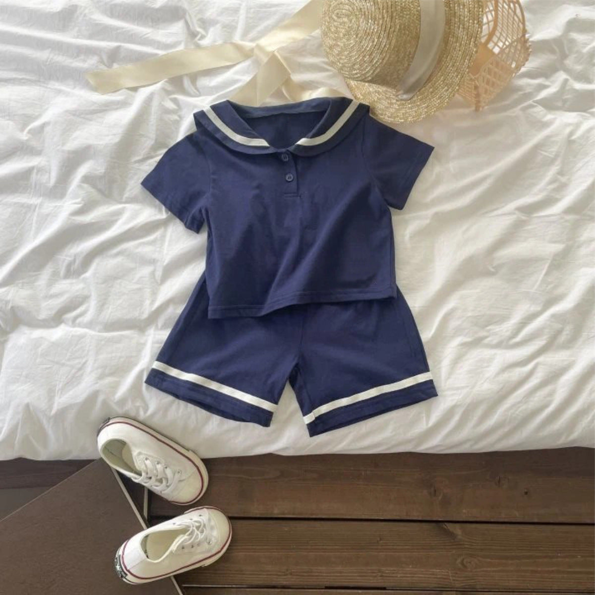 Summer Hot Selling Baby Kids Unisex Short Sleeves Preppy Top and Shorts Clothing Set, MyKids-USA®, Baby & Toddler Outfits, MyKids-USA - Size/Age - 73 (6-9M) - Color - Navy Blue (Dark Blue) -  -  - TR2505261948-B