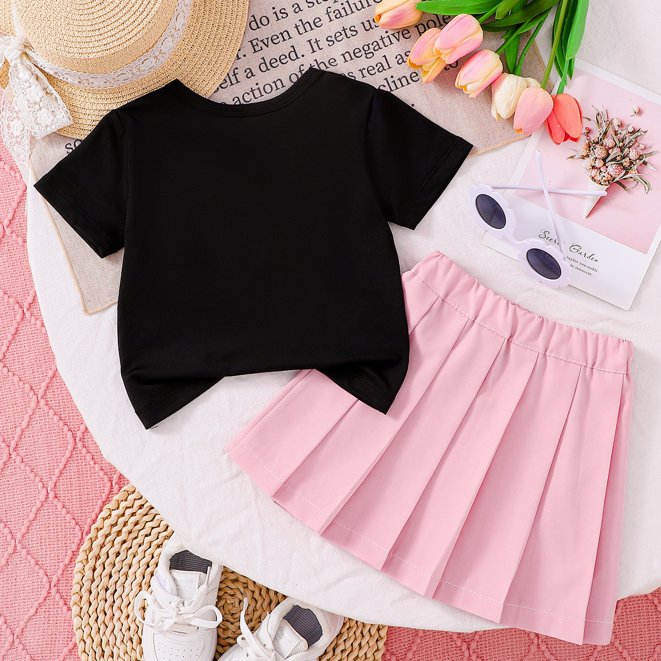 Summer Baby Kids Girls Short Sleeves Butterfly-bow Pattern Top and Pink Skirt Set