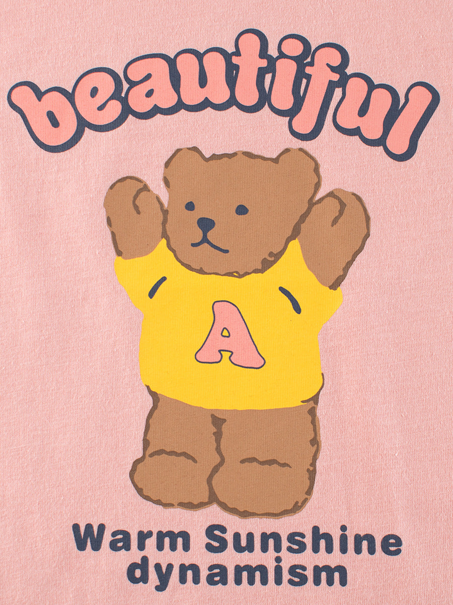 Cute Bear Print Girls’ Patchwork T-Shirt For Summer