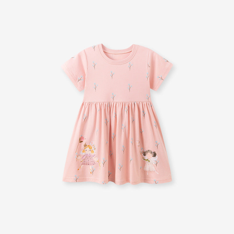 Summer Arrival Cartoon and Flowers Pattern Short Sleeves Dress for Stylish Girls