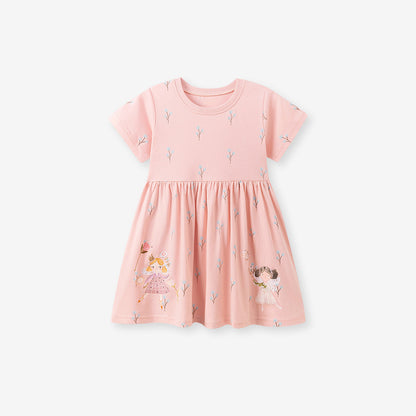 Summer Arrival Cartoon and Flowers Pattern Short Sleeves Dress for Stylish Girls