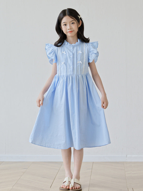 Summer Arrival Fly Sleeves Butterfly-bow and Lace Pattern Dress for Stylish Girls