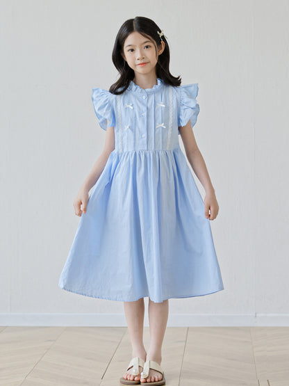 Summer Arrival Fly Sleeves Butterfly-bow and Lace Pattern Dress for Stylish Girls