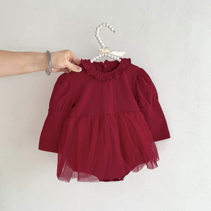 Birthday Red Mesh Patched Onesies Dress