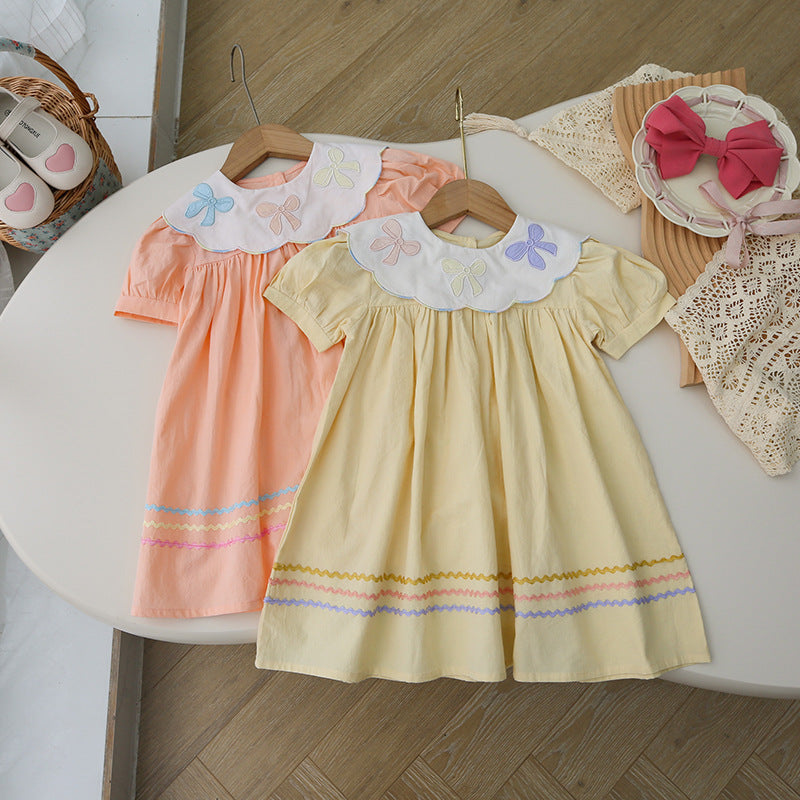 New Arrival Summer Kids Girls Colorful Bows Pattern Collar Short Sleeves Striped Dress