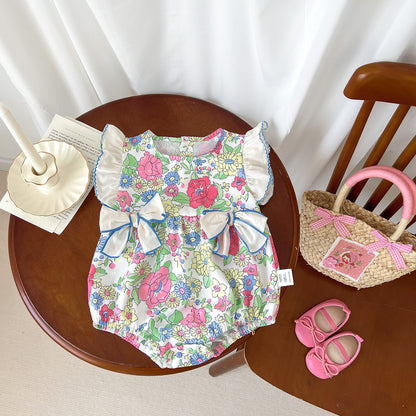 Summer New Arrival Baby Girls Floral Pattern Fly Sleeves 3D Bows Onesies