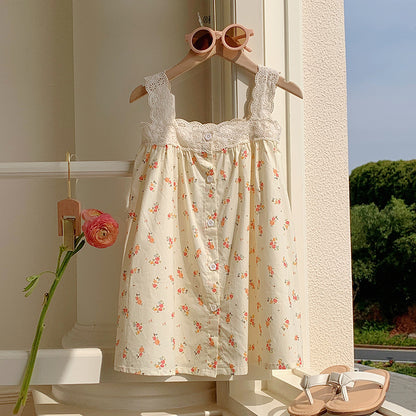Summer Baby Kids Girls Sleeveless Single Breasted Floral Print Lace Hollow Out Strap Princess Dress 100 (2-3Y) / Apricot Summer Baby Kids Girls Sleeveless Single Breasted Floral Print Lace Hollow Out Strap Princess Dress 100 (2-3Y) / Apricot