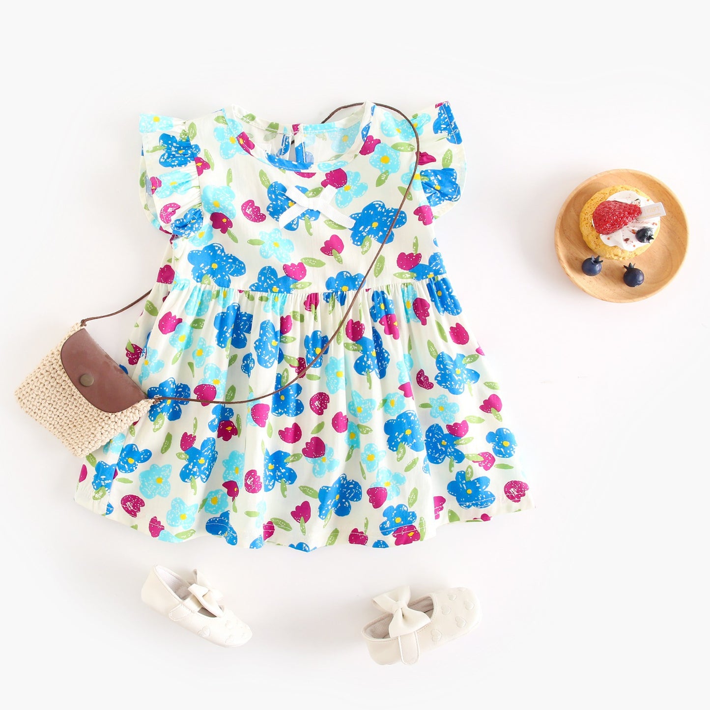 Summer New Design Baby Girls Oil Painting Style Floral Print Fly Sleeves Crew Neck Dress