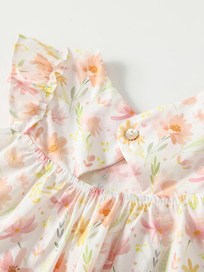 Summer Arrival Colorful Flowers Pattern Fly Sleeves Dress for Stylish Girls