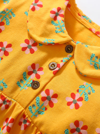 Baby Kids Girls Peter Pan Collar Floral Design Short Sleeves Dress