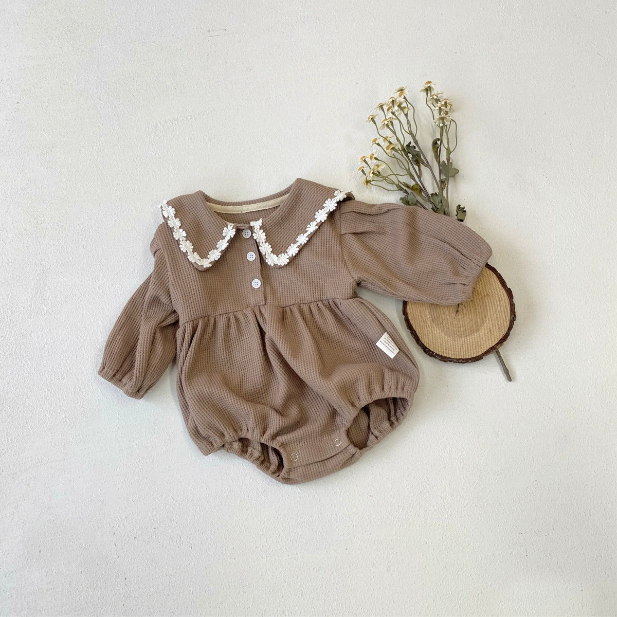 Arrival Baby Girls Long Sleeves Waffle Grid Onesie with Floral Collar, MyKids-USA®, Baby One-Pieces, MyKids-USA - Size/Age - 66 (3-6M) - Color - Coffee -  -  - TR2507172031-B