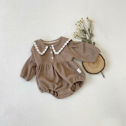 Arrival Baby Girls Long Sleeves Waffle Grid Onesie with Floral Collar, MyKids-USA®, Baby One-Pieces, MyKids-USA - Size/Age - 66 (3-6M) - Color - Coffee -  -  - TR2507172031-B