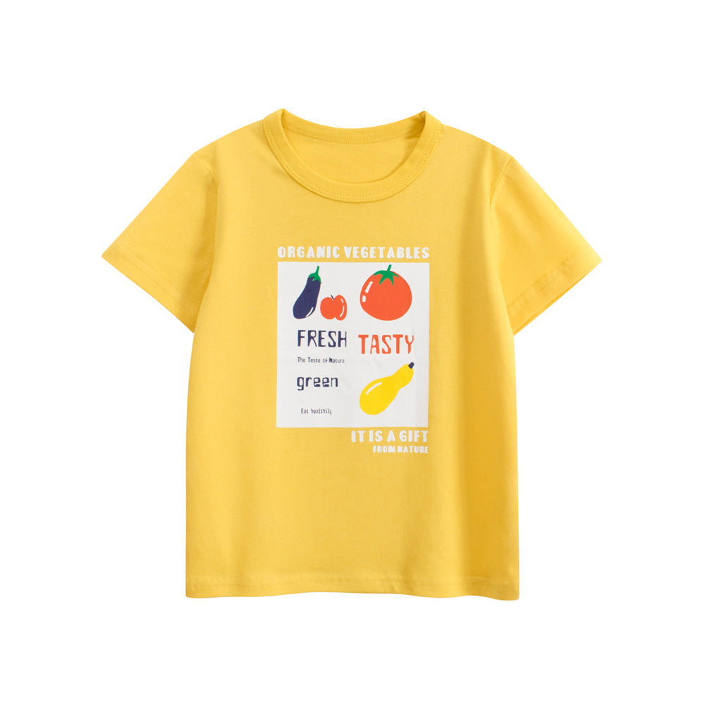 Summer Girls’ Fruits and Letters Pattern Printed T-shirt in European and American Style, MyKids-USA®, Baby & Toddler Tops, MyKids-USA - Size/Age - 90 (12-24M) - Color - Yellow -  -  - TR2506161632-B