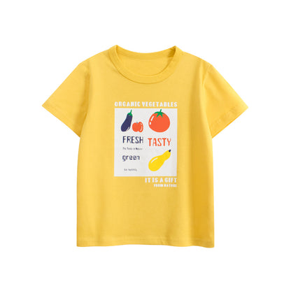 Summer Girls’ Fruits and Letters Pattern Printed T-shirt in European and American Style, MyKids-USA®, Baby & Toddler Tops, MyKids-USA - Size/Age - 90 (12-24M) - Color - Yellow -  -  - TR2506161632-B