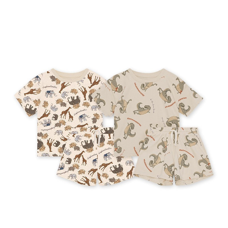 Summer Baby Kids Unisex Animals Print Short Sleeves Crew Neck Thin T-Shirt And Shorts Clothing Sets