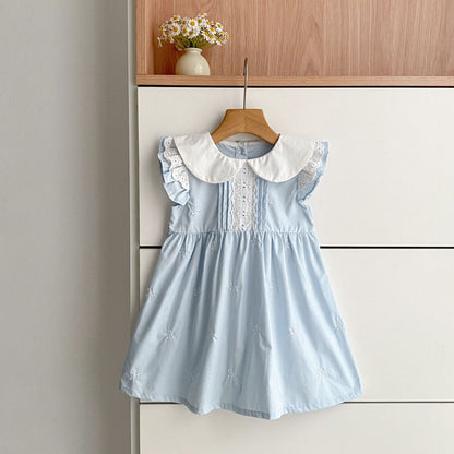 Summer Girls Simple Embroidered Pattern Peter Pan Collar Onesies and Dress – Princess Sister Matching Set, MyKids-USA®, Baby & Toddler Outfits, MyKids-USA - Size/Age - 66 (3-6M) - Color - Blue -  -  - TR26034212221-B.