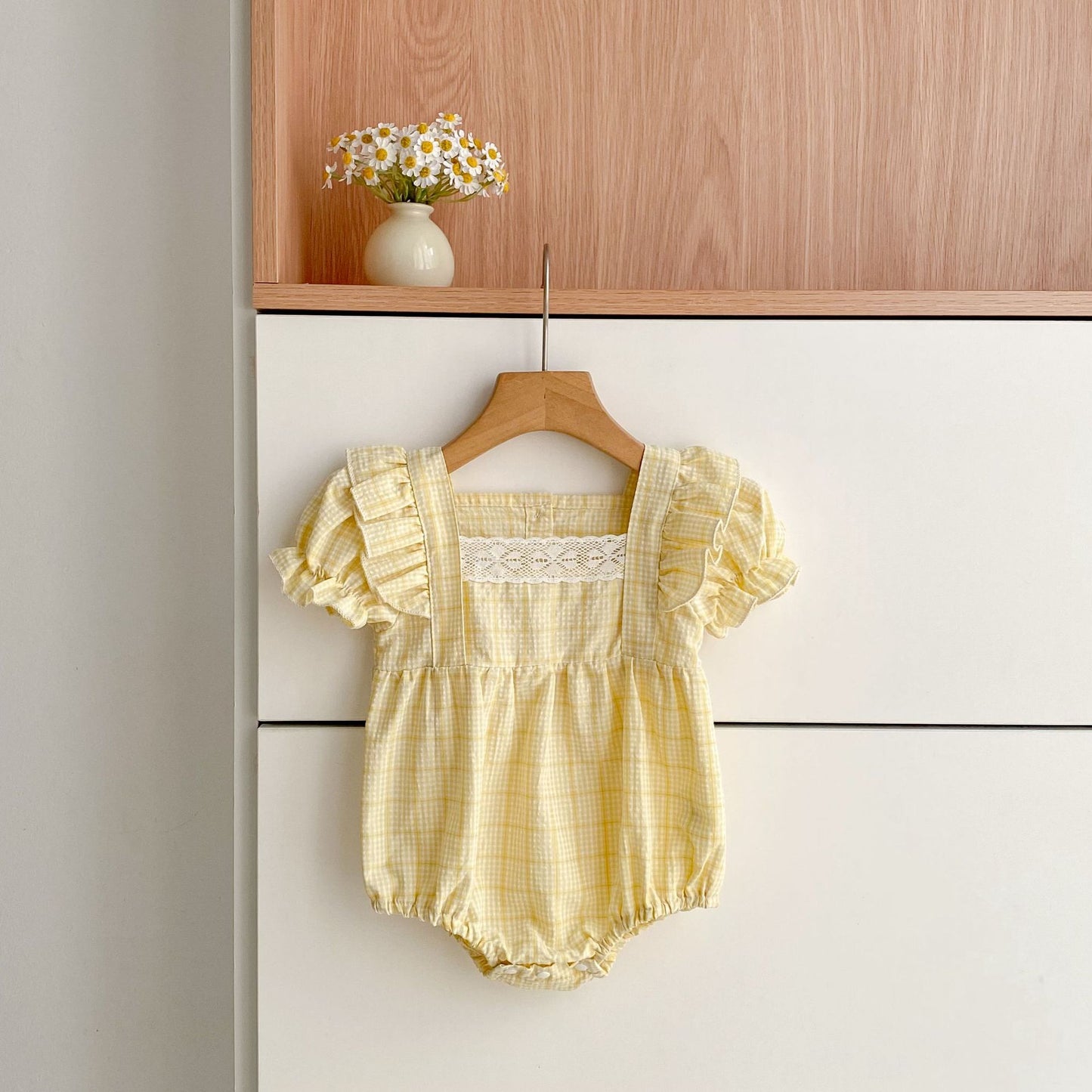 Summer Girls Cute Plaid Pattern Square Neck Onesies and Dress – Princess Sister Matching Set, MyKids-USA®, Baby & Children's Outfits, MyKids-USA - Size/Age - 66 (3-6M) - Color - Light Yellow -  -  - TR2604062148-A.