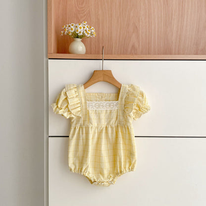 Summer Girls Cute Plaid Pattern Square Neck Onesies and Dress – Princess Sister Matching Set, MyKids-USA®, Baby & Children's Outfits, MyKids-USA - Size/Age - 66 (3-6M) - Color - Light Yellow -  -  - TR2604062148-A.