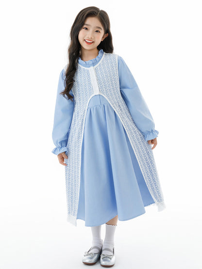 Arrival Autumn Kids Girls Long Sleeves Solid Color Blue Dress and Hollow-out Vest Clothing Set