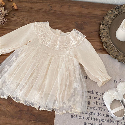 Autumn and Spring Arrival Baby Kids Girls Long Sleeves Flowers Pattern Tulle Decorated Dress