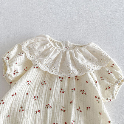 Design Summer Baby Kids Girls Short Sleeves Floral Pattern Bodysuit with Hat