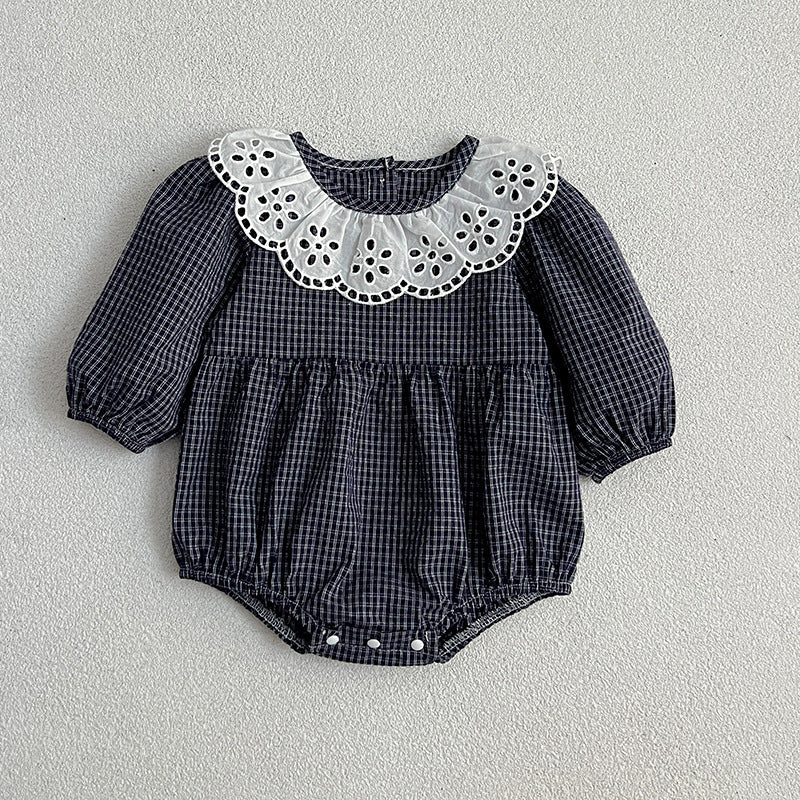 Lace Collar Grid Pattern Long Sleeve Bodysuit OR Dress For Toddler, MyKids-USA®, Baby & Toddler Outfits, MyKids-USA - Size/Age - 66 (3-6M) - Color - White -  -  - TR2311301306-B