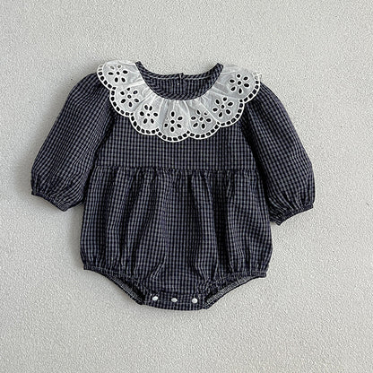 Lace Collar Grid Pattern Long Sleeve Bodysuit OR Dress For Toddler, MyKids-USA®, Baby & Toddler Outfits, MyKids-USA - Size/Age - 66 (3-6M) - Color - White -  -  - TR2311301306-B