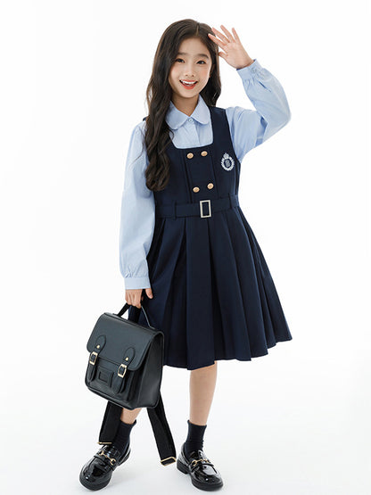 Arrival Autumn Kids Girls Long Sleeves Solid Color Shirt and Preppy Sleeveless Dress Clothing Set