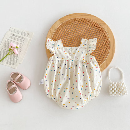 Summer New Arrival Baby Girls Fly Sleeves Colorful Dots Pattern Floral Embroidery Onesies