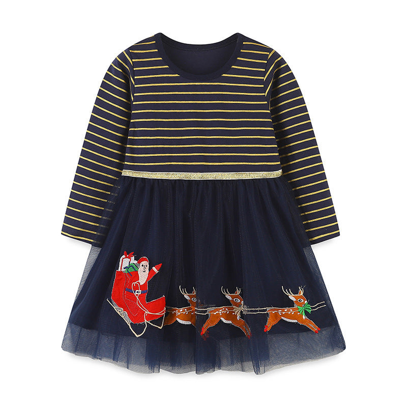 Girls’ European-American Style Santa Claus And Reindeer Embroidered Tulle Dress With Striped Pattern
