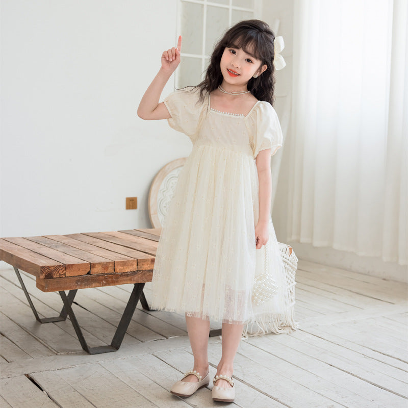 Girl Solid Color Puff Sleeves Mesh Dress