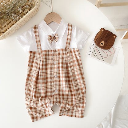 Baby Boy Plaid Pattern Polo-Neck Rompers