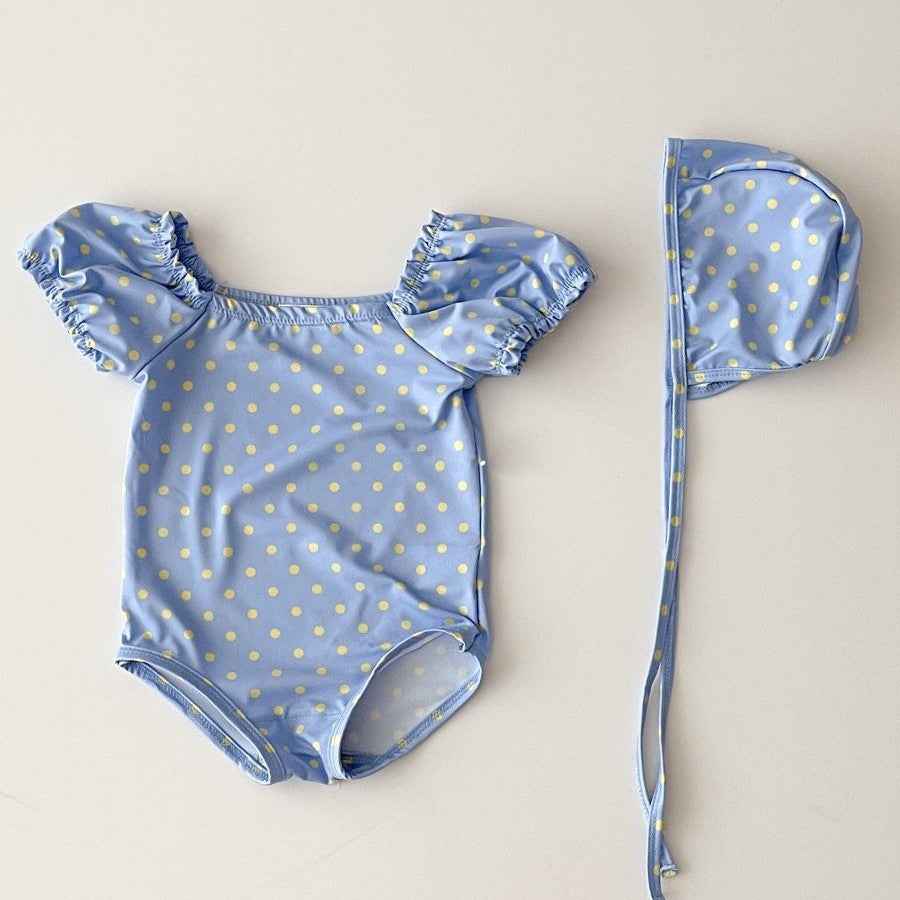 Arrival Girls’ Plaid and Dots Pattern Swimwear with Hat Set, MyKids-USA®, Baby & Toddler Swimwear, MyKids-USA - Size/Age - 66 (3-6M) - Color - Blue -  -  - TR2605282245-A.
