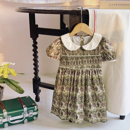 New Design Summer Kids Girls Vintage Floral Print Short Sleeves Peter Pan Collar Dress