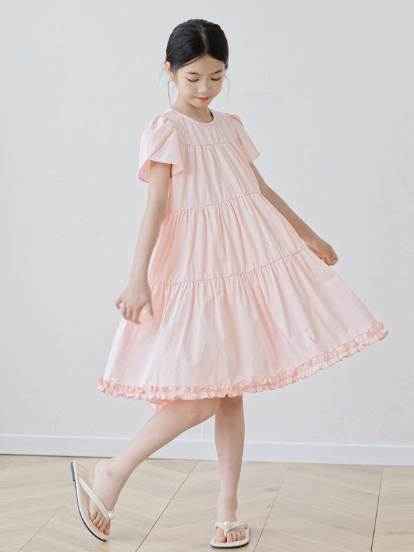 Summer Arrival Short Sleeves Patchwork Design Plain Dress for Stylish Girls