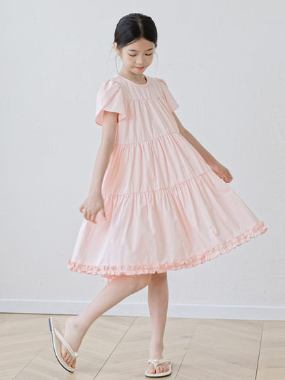 Summer Arrival Short Sleeves Patchwork Design Plain Dress for Stylish Girls