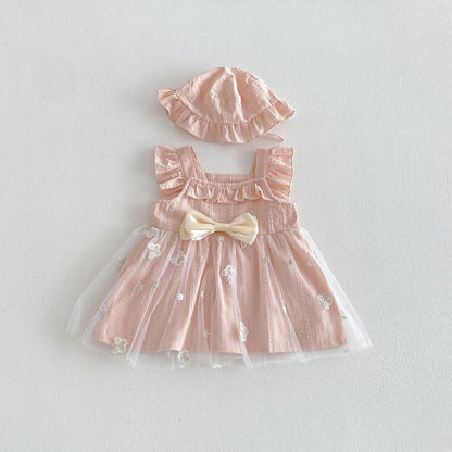 Summer Arrival Baby Girls Fly Sleeves Tulle Patchwork Dress with Hat, MyKids-USA®, Baby & Children's Dresses, MyKids-USA - Size/Age - 66 (3-6M) - Color - Pink -  -  - TR2604272346-A.